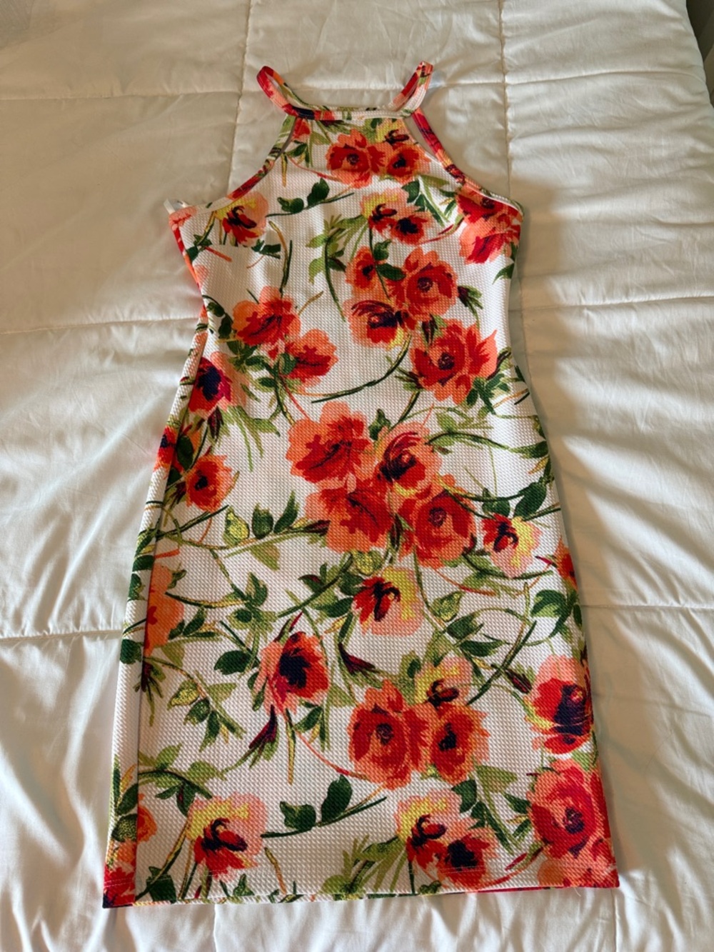 iris Summer White Midi Dress with Red-Blush Floral Print